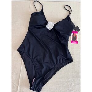 Betsey Johnson One Piece Swimsuit Large Black New Rosette With Ruched Skirt